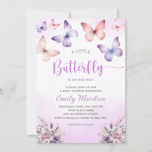 Invitation Boho Purple A Little Butterfly Girl Baby shower (Devant)