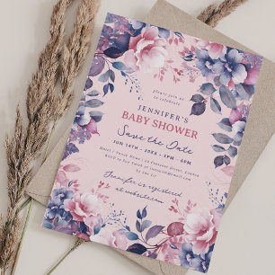 Invitation Boho Purple Baby shower Floral Enregistrer Date Bl