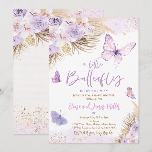Invitation Boho Purple Butple Pampas Baby shower en herbe (Devant / Derrière)