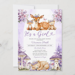 Invitation Boho Purple Deer Woodland Girl Baby shower Floral