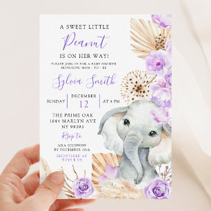 Invitation Boho Purple Elephant Girl Baby shower Floral