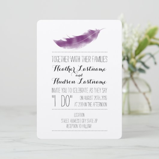 Invitation Boho Purple Feather I Do Mariage (Debout devant)