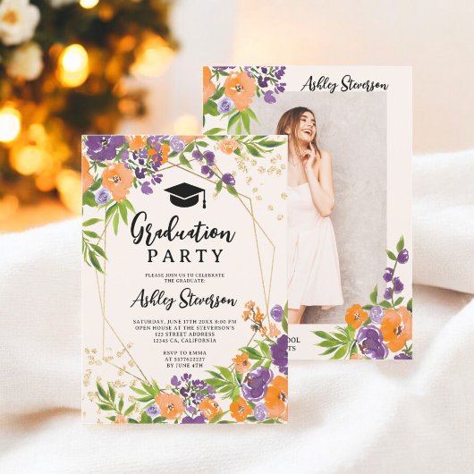 Invitation Boho Purple Floral Aquarelle Graduation Photo