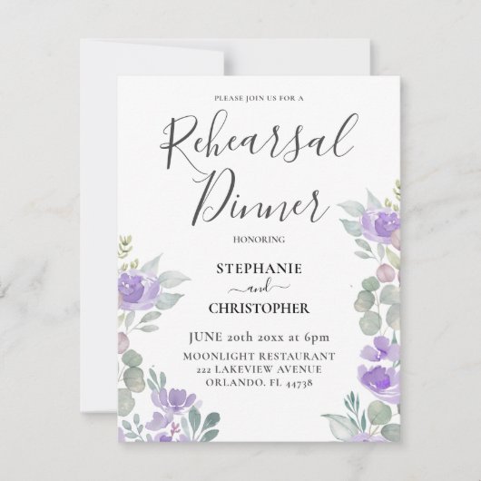 Invitation Boho Purple Floral Dîner De Répétition (Devant)