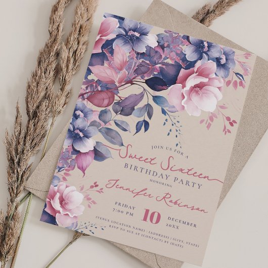 Invitation Boho Purple Floral Sweet 16 Anniversaire Champagne