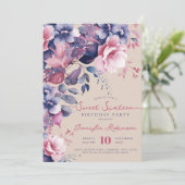 Invitation Boho Purple Floral Sweet 16 Anniversaire Champagne (Debout devant)