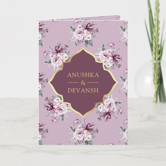 Invitation Boho Purple Floral tout en un Mariage Indien d'or (Devant)