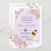 Invitation Boho Purple Girl First Holy Communion Butterfly (Devant / Derrière)