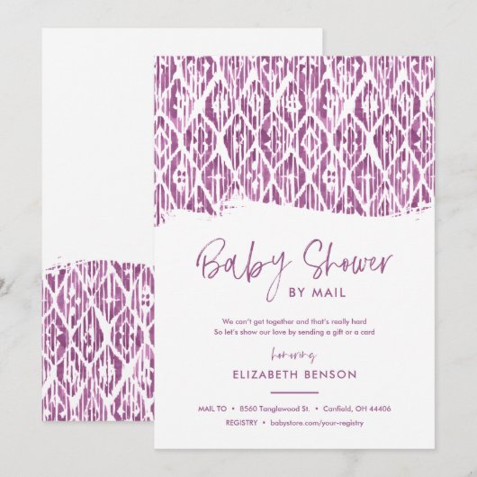 Invitation Boho Purple Ikat Baby shower par courrier (Devant / Derrière)