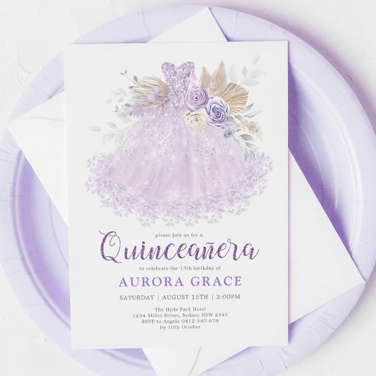 Invitation Boho Purple Lilac Quinceañera Princesse Robe