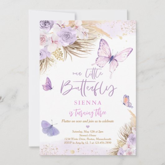 Invitation Boho Purple Papillon Pampas Grass fête d'anniversa (Devant)