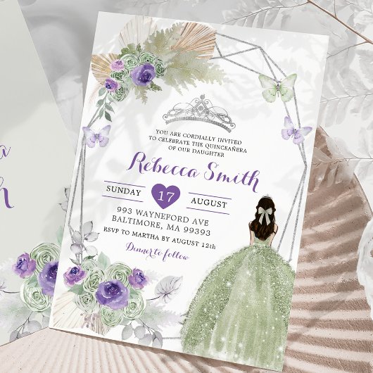 Invitation Boho Purple Sage Vert Géométrique Quinceañera