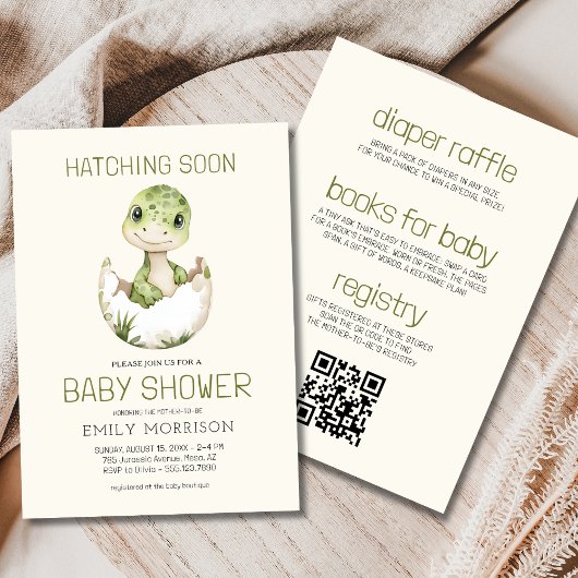 Invitation Boho QR Code Dinosaur Hatching Bientôt Baby shower