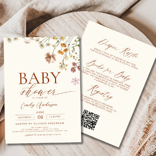 Invitation Boho QR Code Fleur sauvage tout en un Baby shower
