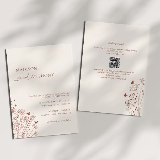 Invitation Boho QR Code Terracotta Fleur sauvage Mariage 2 en
