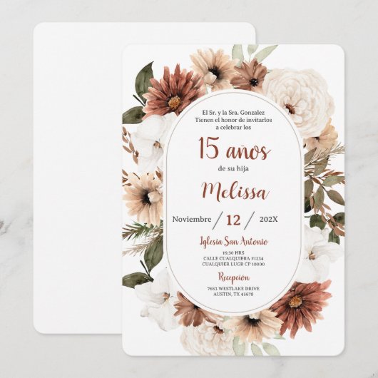 Invitation Boho Quinceañera (Devant / Derrière)
