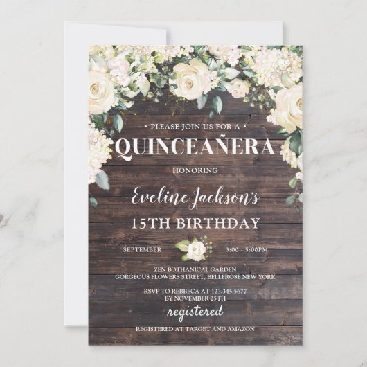 Invitation Boho Quinceañera blanc fleuri blanc en bois rustiq (Devant)