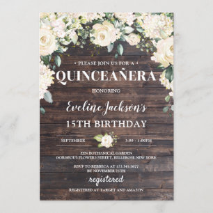 Invitation Boho Quinceañera blanc fleuri blanc en bois rustiq