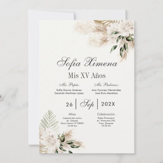 Invitation Boho Quinceanera espagnol (Devant)