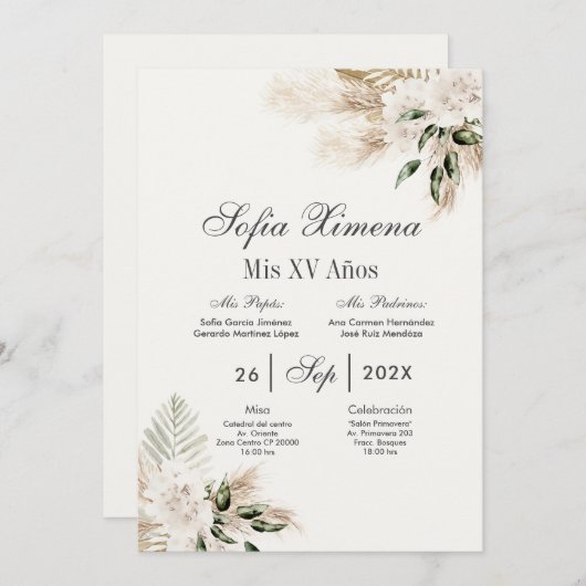 Invitation Boho Quinceanera espagnol (Devant / Derrière)