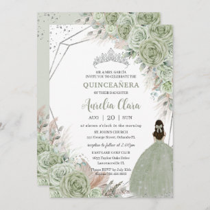 Invitation Boho Quinceañera Sage Vert Floral Pampas Grasse