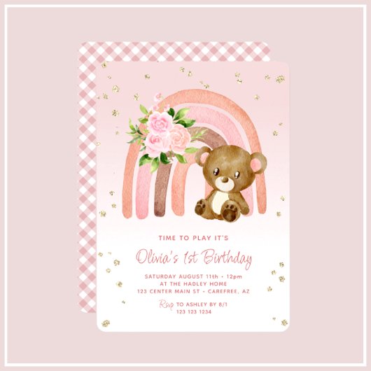 Invitation Boho Rainbow Bear Girl's 1er anniversaire