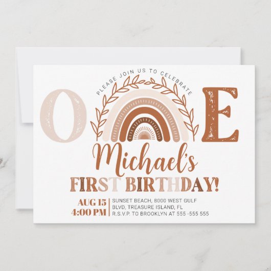 Invitation Boho Rainbow Birthday Invitation, Tons Terracotta (Devant)