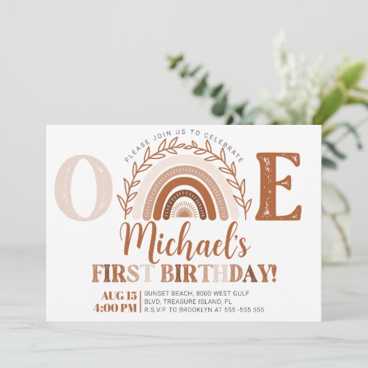 Invitation Boho Rainbow Birthday Invitation, Tons Terracotta (Debout devant)