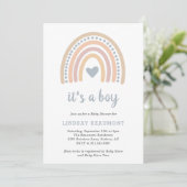 Invitation Boho Rainbow Blue Heart Cute Boy Baby shower (Debout devant)