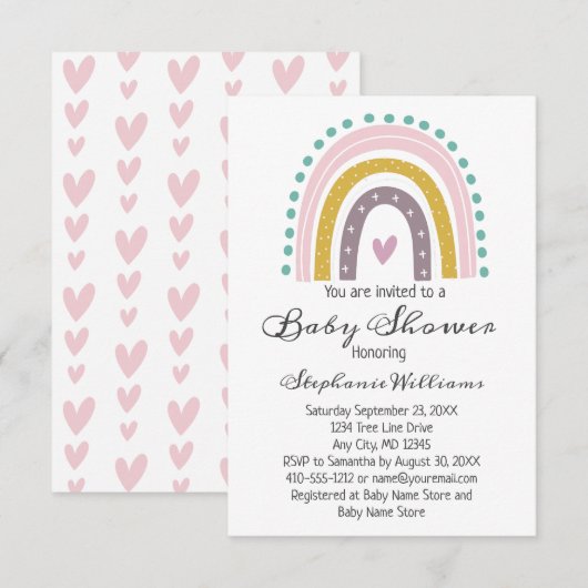 Invitation Boho Rainbow Cœurs Roses Violets Turquoise Bébé Fi (Devant / Derrière)