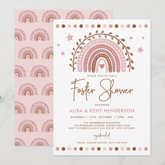 Invitation Boho Rainbow | Douche Foster en terre cuite rose a (Devant / Derrière)