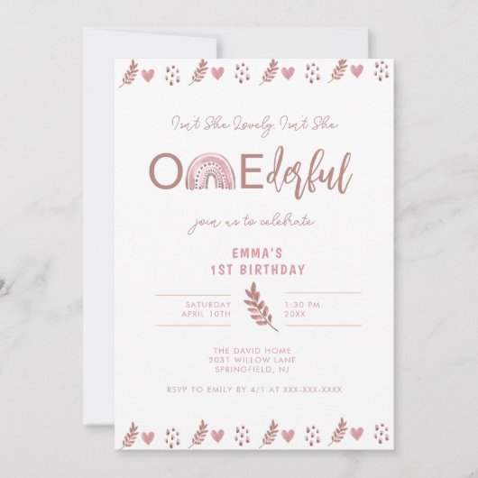 Invitation Boho Rainbow Girl Lovely Onederful Anniversaire (Devant)