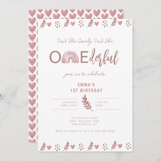 Invitation Boho Rainbow Girl Lovely Onederful Anniversaire (Devant / Derrière)