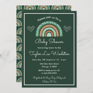 Invitation Boho Rainbow Green et Baby shower Brown