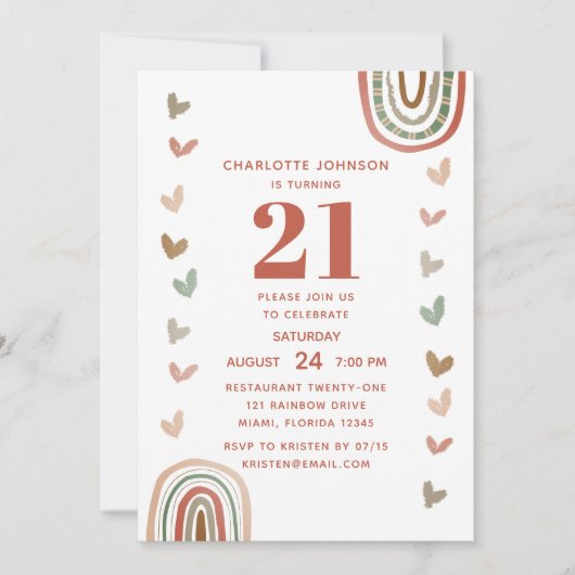 Invitation Boho Rainbow Modern 21e fête d'anniversaire (Devant)