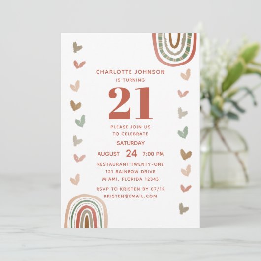 Invitation Boho Rainbow Modern 21e fête d'anniversaire (Debout devant)