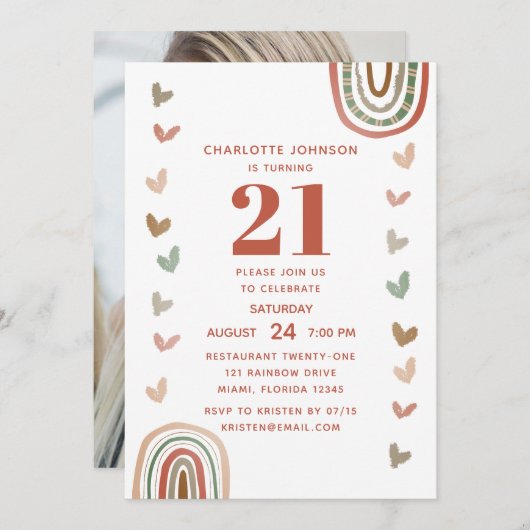 Invitation Boho Rainbow Modern 21e fête d'anniversaire (Devant / Derrière)