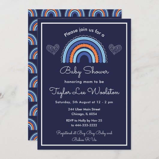 Invitation Boho Rainbow Navy Baby shower bleu (Devant / Derrière)