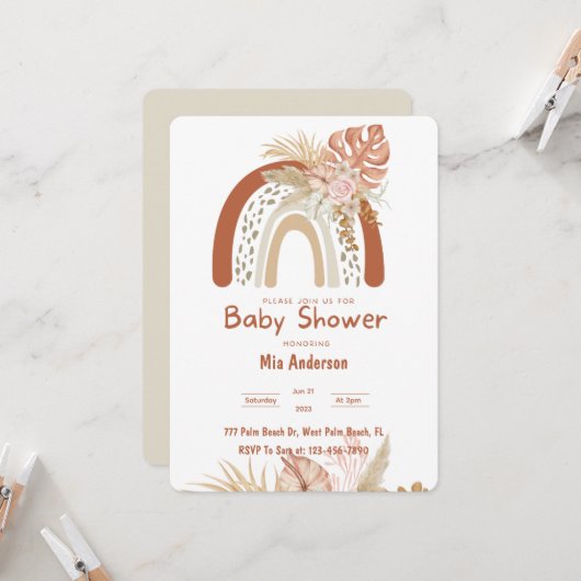 Invitation Boho Rainbow Neutral Pampas Baby shower en herbe (Devant/Arrière en situation)