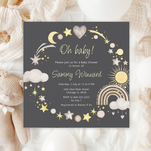 Invitation Boho Rainbow Nuages Baby shower neutre