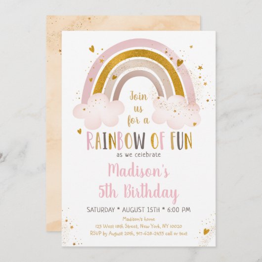 Invitation Boho Rainbow Pink Gold Anniversaire (Devant / Derrière)