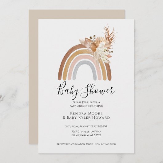 Invitation Boho Rainbow Pompas Baby shower en herbe Invitatio (Devant / Derrière)