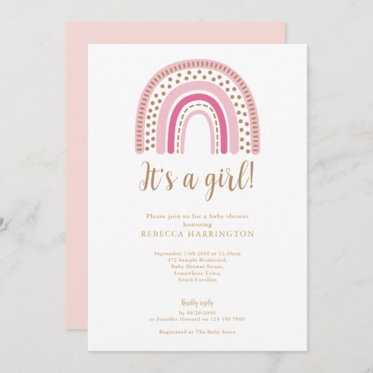 Invitation Boho Rainbow rose Baby shower fille (Devant / Derrière)