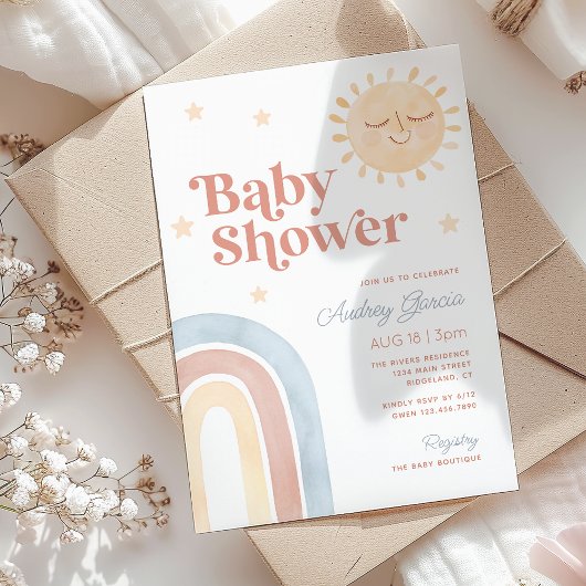 Invitation Boho Rainbow & Smiling Sun Watercolor Baby shower
