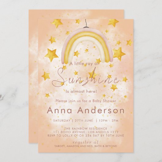 Invitation Boho Rainbow Sunshine Gold Stars Dusty Baby shower (Devant / Derrière)
