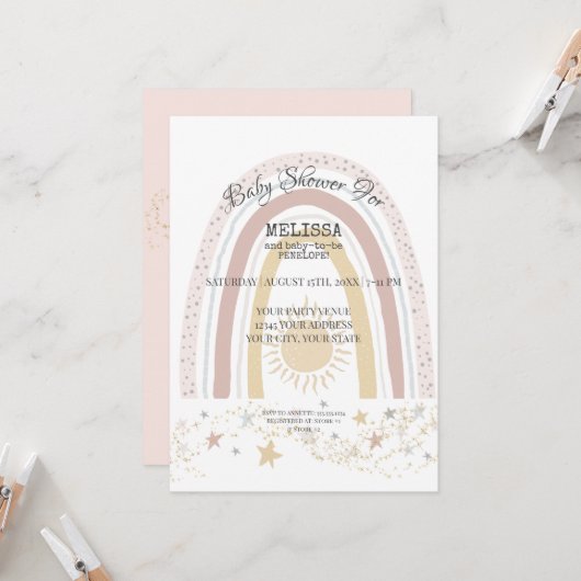 Invitation Boho Rainbow Sunshine Rose Mustard Gold Stars Girl (Devant/Arrière en situation)