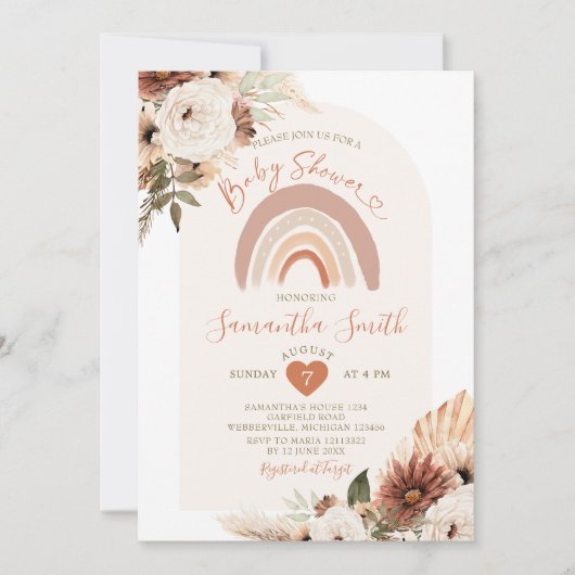 Invitation Boho Rainbow Terracota White Floral Baby shower (Devant)