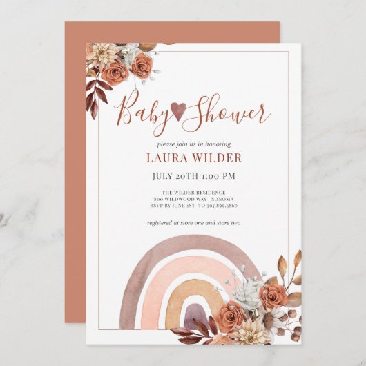Invitation Boho Rainbow Terracotta Burnt Orange Baby shower (Devant / Derrière)