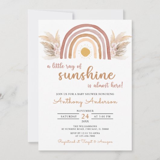 Invitation Boho Rainbow Un petit rayon de soleil Baby shower (Devant)