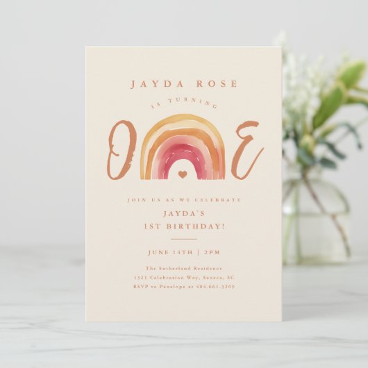 Invitation Boho Rainbow Un Premier Anniversaire (Debout devant)
